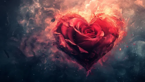 Heart-Shaped Rose Ablaze in Cosmic Flames