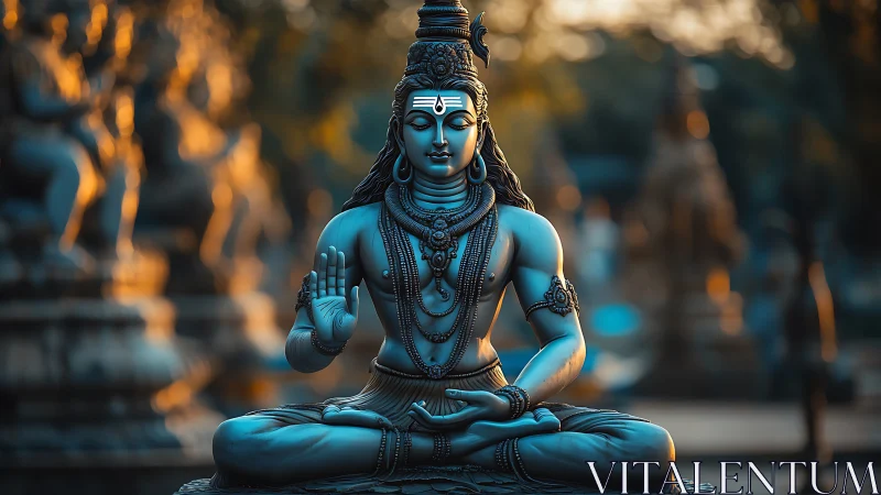 Rendered seated deity statue in cross-legged meditative pose