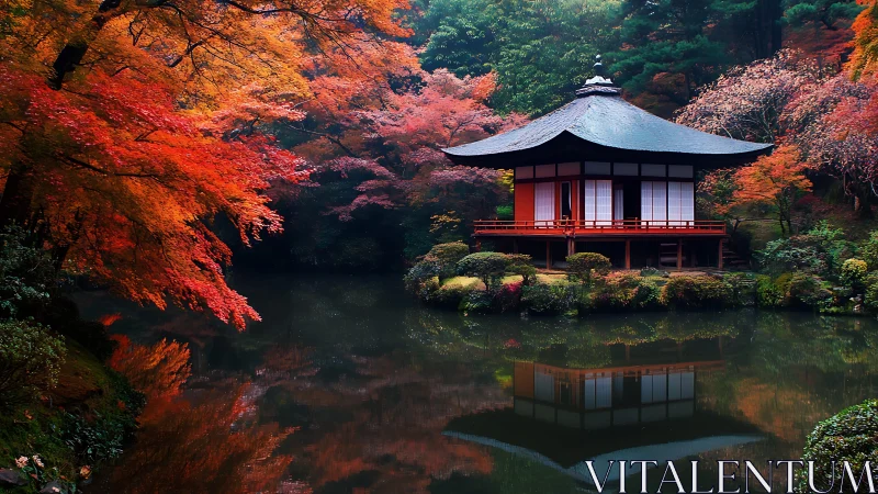 Traditional Japanese pavilion mirrored in still autumn pond