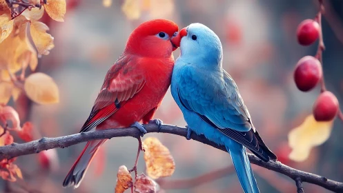 Vibrant Red and Blue Parrots on Autumn Branch in Soft Focus Style.