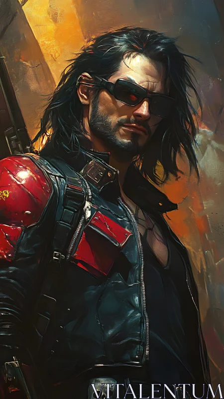 Long-haired man in leather jacket stands against vivid light