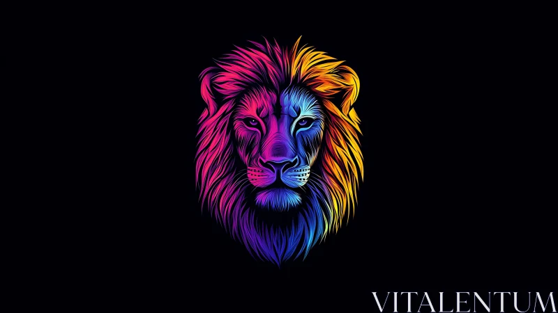 Vibrant multicolor lion head illustration on black background.