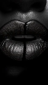 High-contrast macro of glossy split black metallic lips.