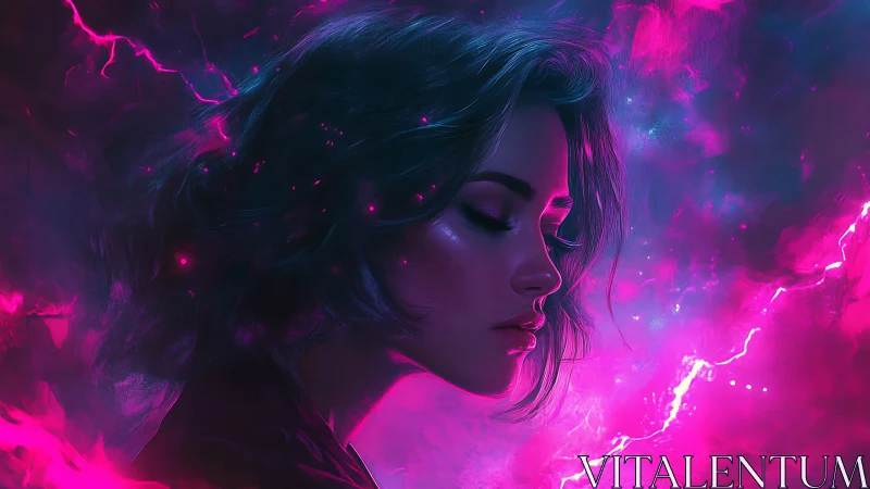 Neon dreamer drifts through stormlit violet nebula skies.