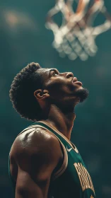 Basketball player gazes toward hoop in dramatic arena light.