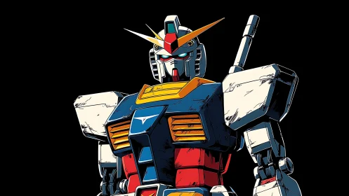 Colorful heroic mecha standing bold against deep black sky.