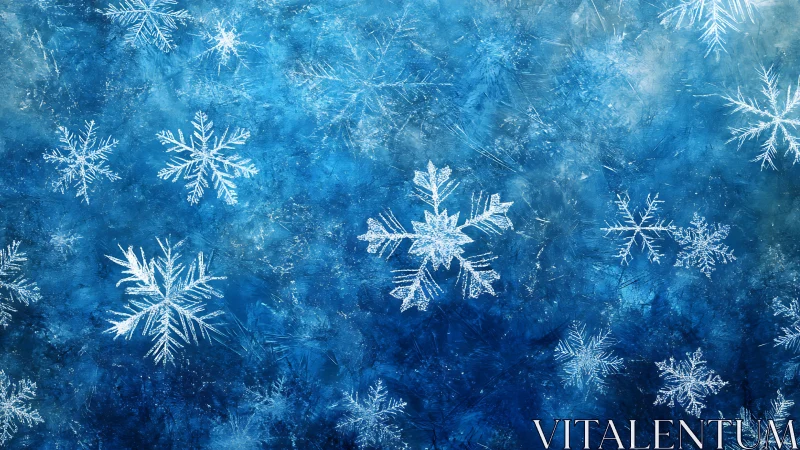 Crystalline white snowflakes over textured icy blue field.