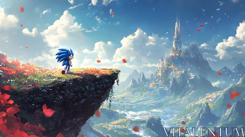 Sonic overlooking volumetric fantasy citadel landscape.