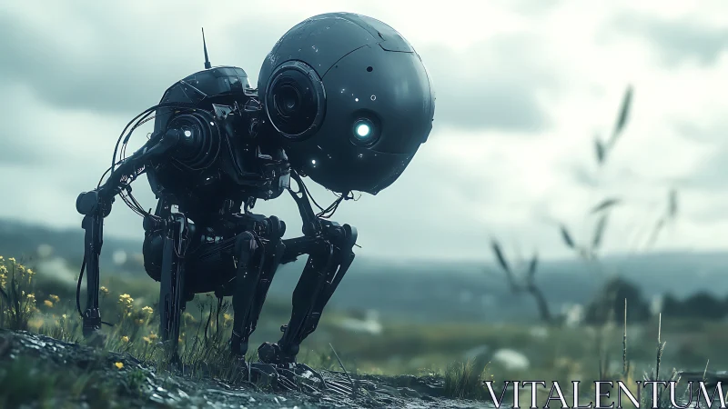 Spherical-headed quadruped robot in open grassy landscape.