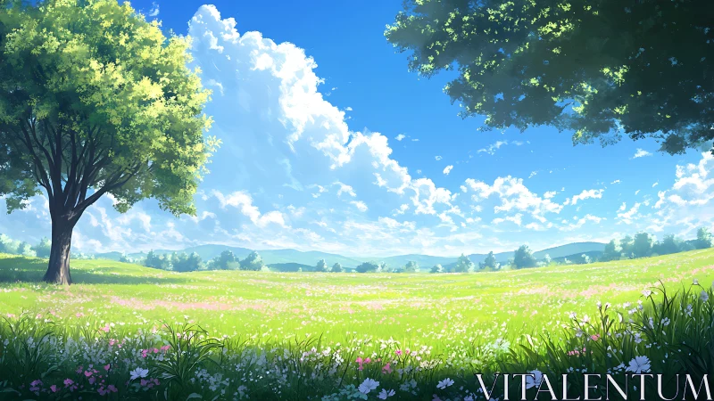 Bright digital meadow landscape shows trees, flowers and sky