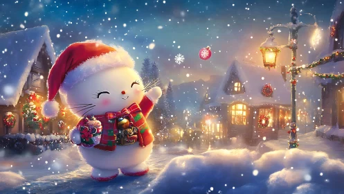 Cute snow kitten in festive Christmas village snow scene.