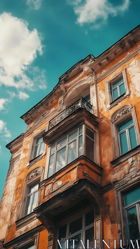 Weathered historic facade with balconies under blue sky.