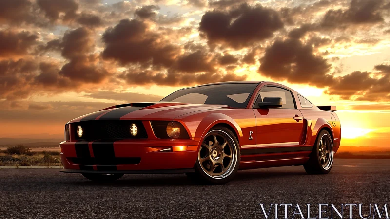 Sunlit red muscle car poised on open desert highway.