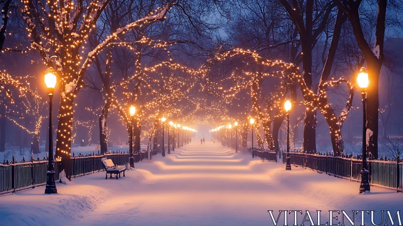 Snow-covered park walkway is lined with illuminated trees