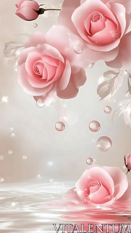 Pink roses suspended above water with floating dewdrops and light effects.