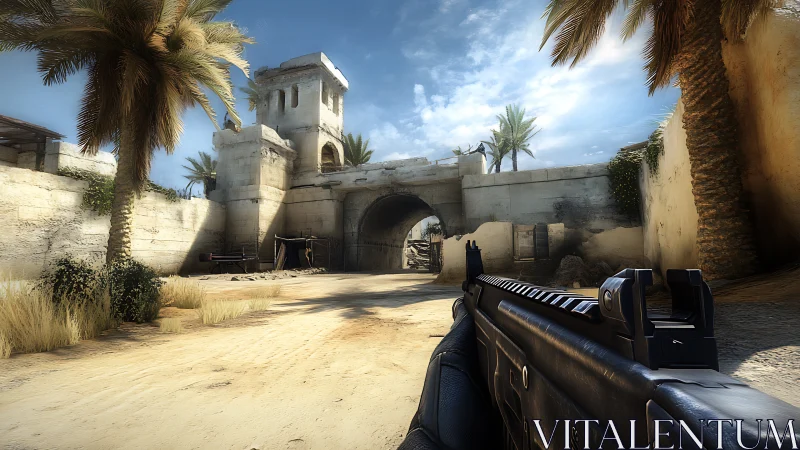 First person rifle view surveys sunlit desert fortress gate