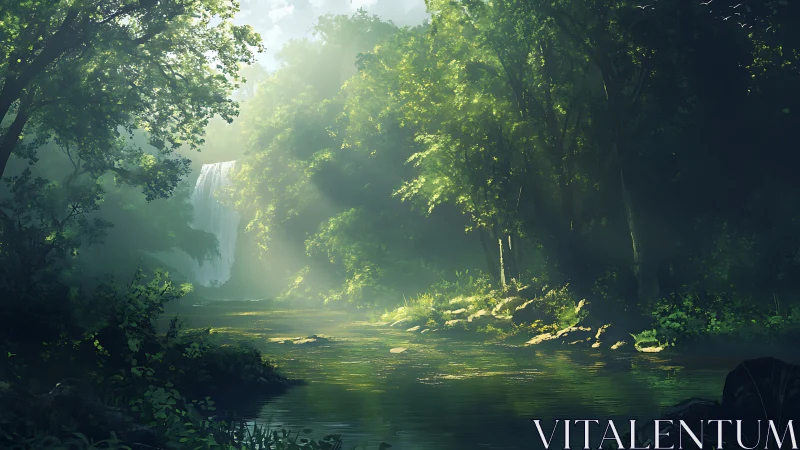 Forest waterfall landscape with river and dense canopy.