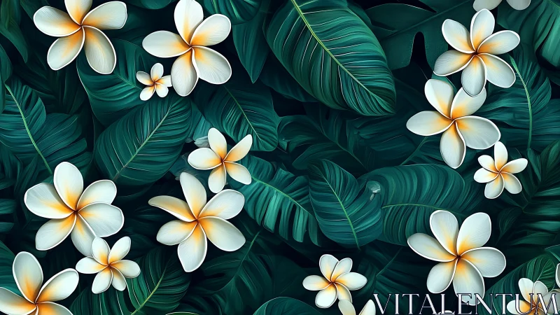 White plumeria flowers with yellow centers on deep teal tropical foliage