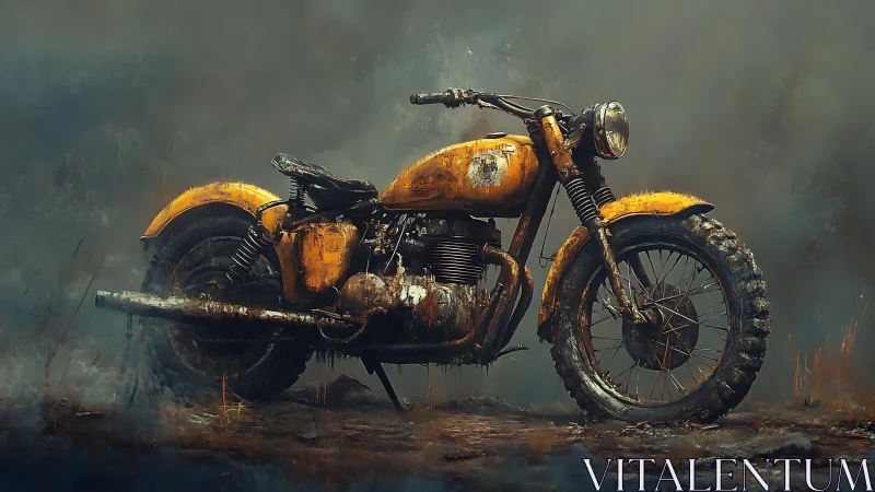 Rust-streaked yellow motorcycle in moody digital landscape.
