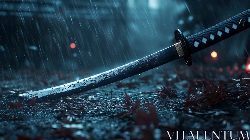 Rain‑soaked katana rests on wet ground under cold light.