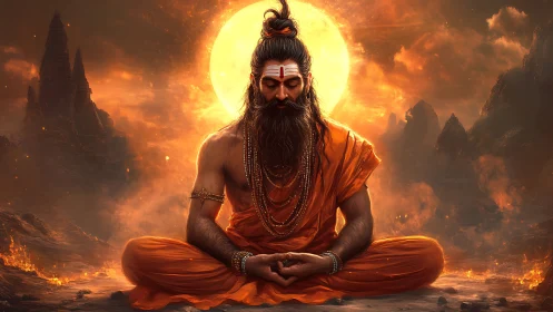 Solar halo crowns meditating sage in molten dusk stillness