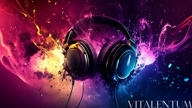 Explosive neon headphones suspended in swirling color storm.