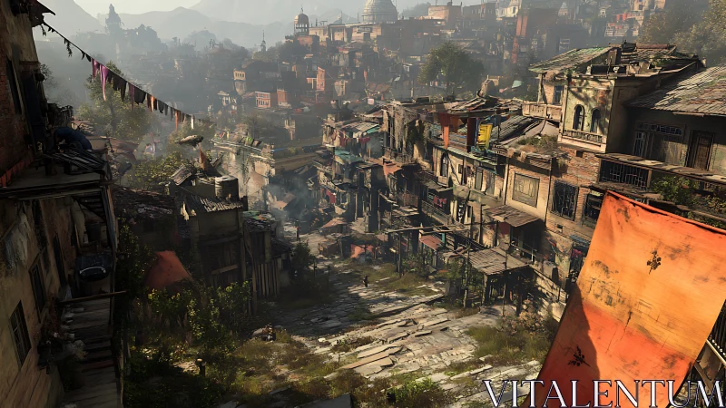 Digital painting of terraced hillside shantytown in warm haze.