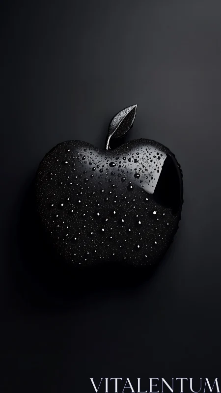 Glossy black apple with water droplets on dark background.