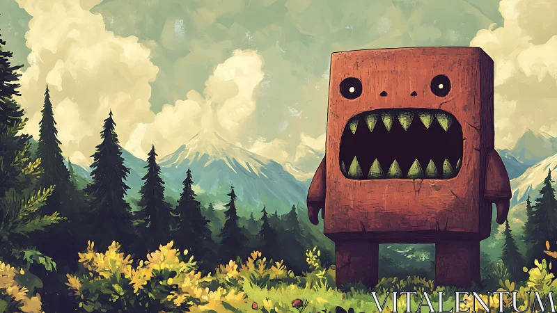 Blocky forest monster under painterly alpine clouds.