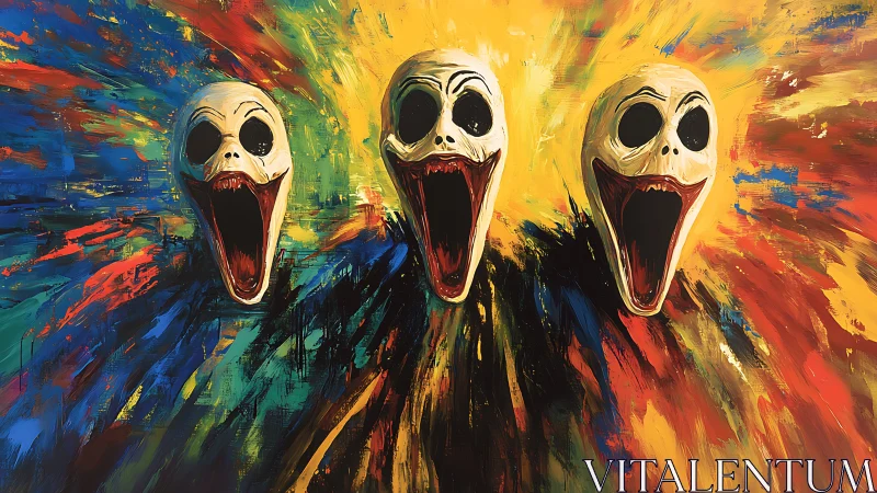Triple screaming masks explode through spectral color storms.