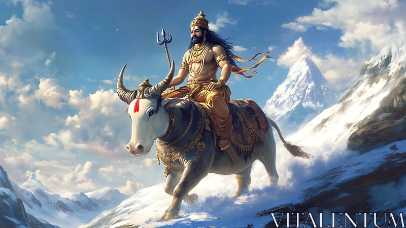 Hindu deity rides sacred bull through sunlit Himalayan snow