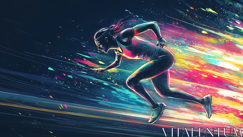 Kinetic vector runner amid chromatic motion streak dynamics.
