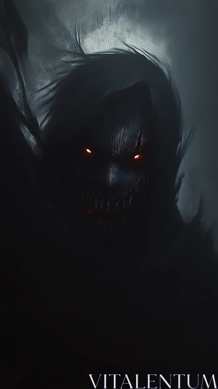 Nocturnal demonic entity with glowing red eyes emerging from fog