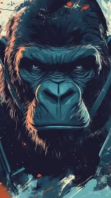 Cyan lit gorilla portrait in dynamic abstract digital strokes.