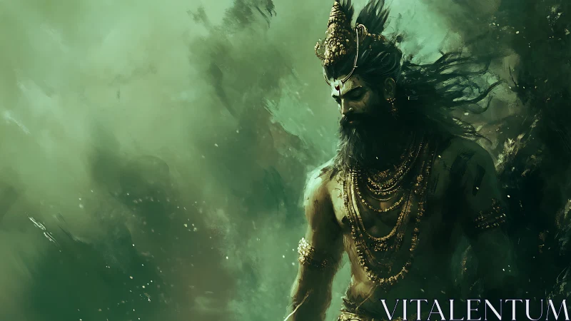 Mythic warrior in ornate gold jewelry amid green mist.