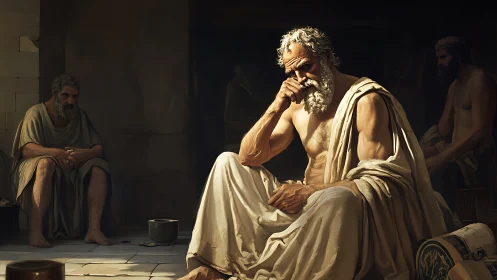 Elderly philosopher in dim chamber with pensive followers.