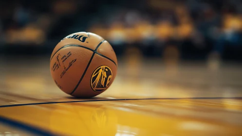 Game-ready basketball rests on polished hardwood court surface.