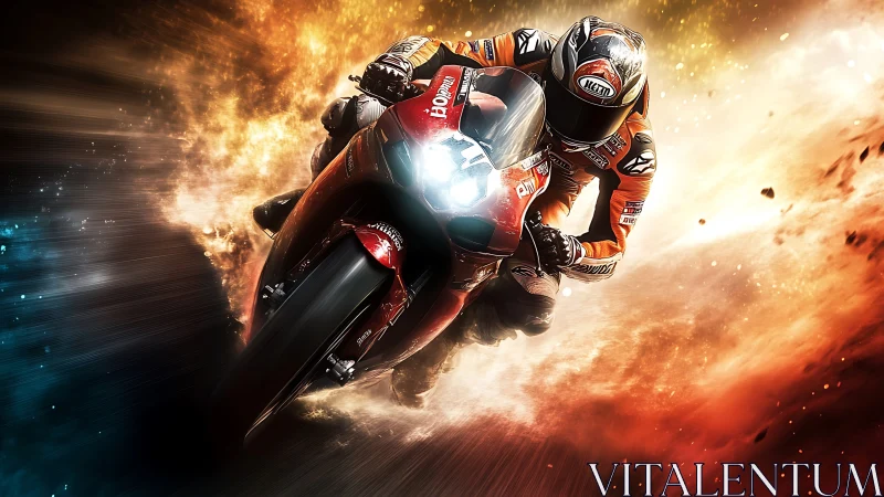 Motorcycle racer leans into explosive corner at full speed