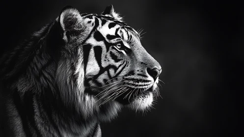 Monochrome tiger profile in dramatic side lighting.