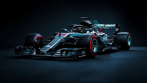 Sleek black Formula race car under dramatic studio light.