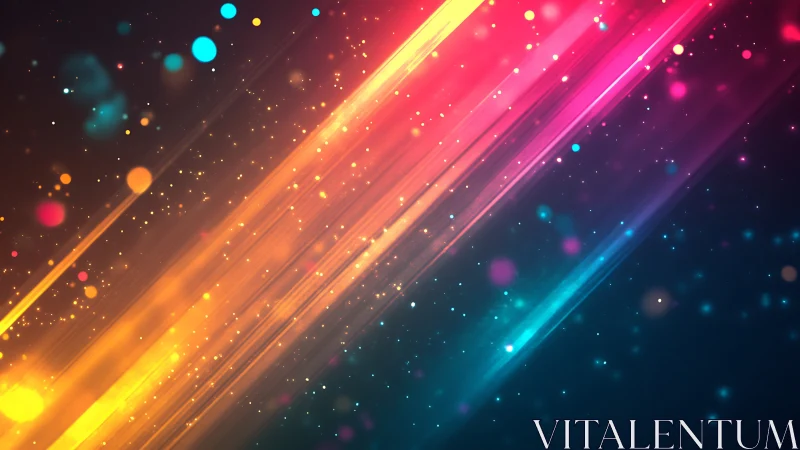 Vibrant diagonal light streaks with glowing color particles.