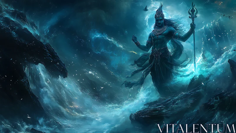Mythic sea god strides through stormlit cosmic ocean