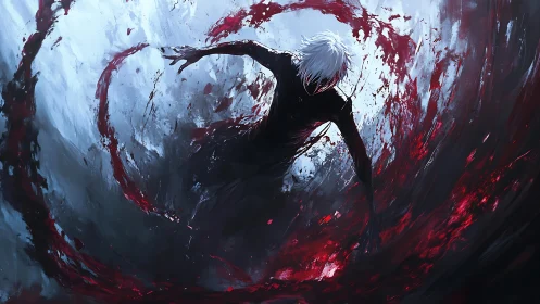 Storm of crimson power swirling around lone white-haired figure.