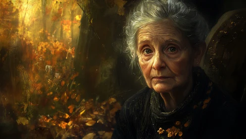 Elderly woman in autumn forest with golden painterly light.