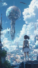 Girl overlooks vertical sci fi city with floating sphere tower