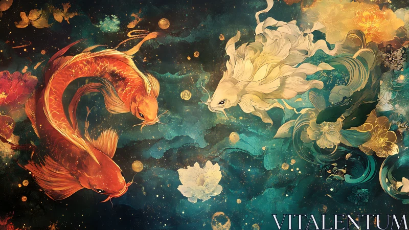 Celestial koi converge in luminous teal and gold currents.
