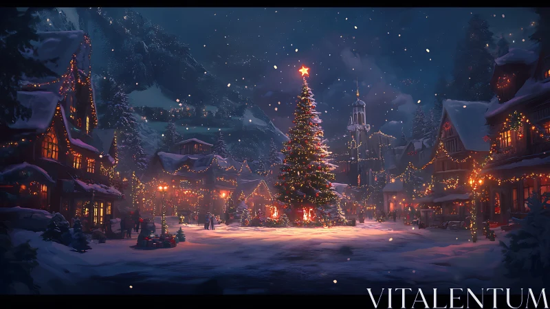 Snowy village plaza illuminated by grand Christmas tree.