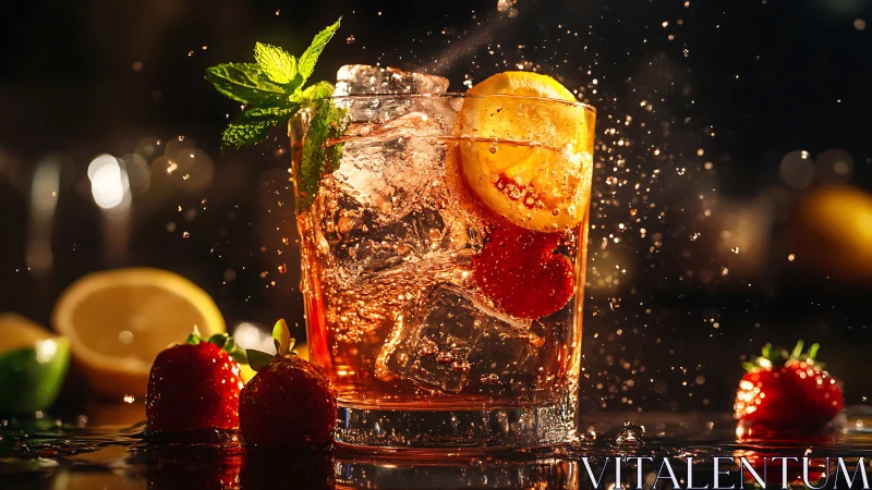 Premium cocktail with citrus garnish and strawberries.