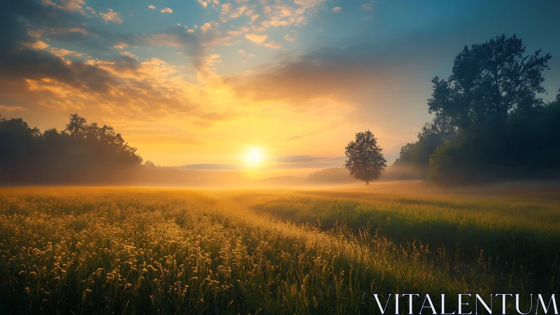Soft sunrise mist drifting over a quiet country meadow.
