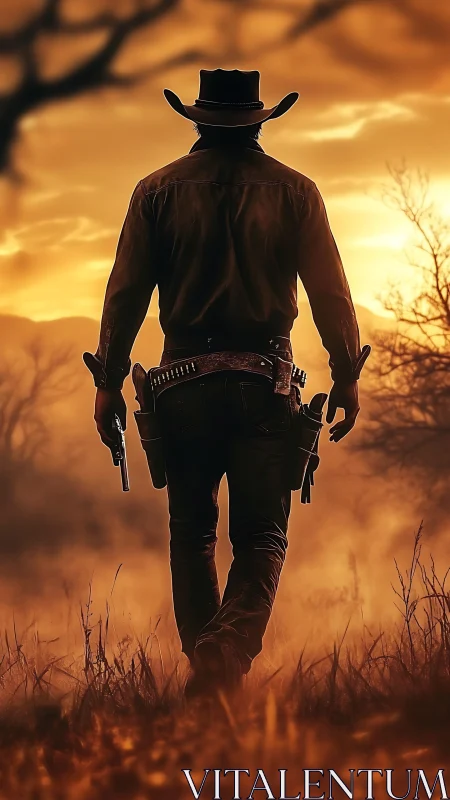 Lone gunslinger silhouetted in blazing Western sunset.